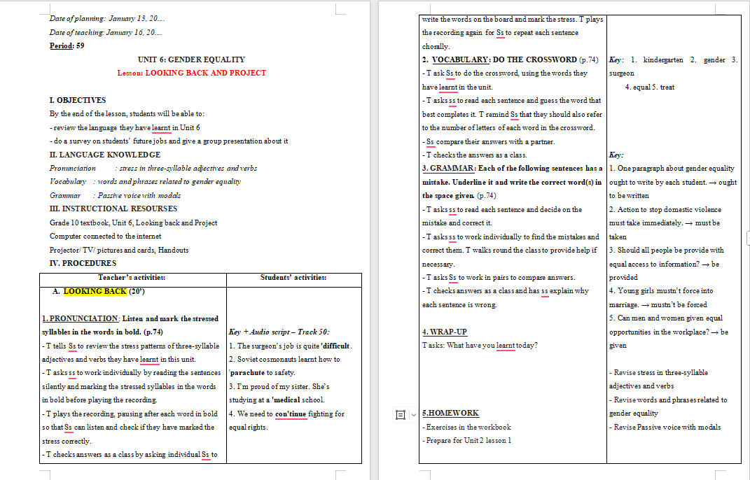 Giáo án Tiếng Anh 10 Unit 6: Looking Back