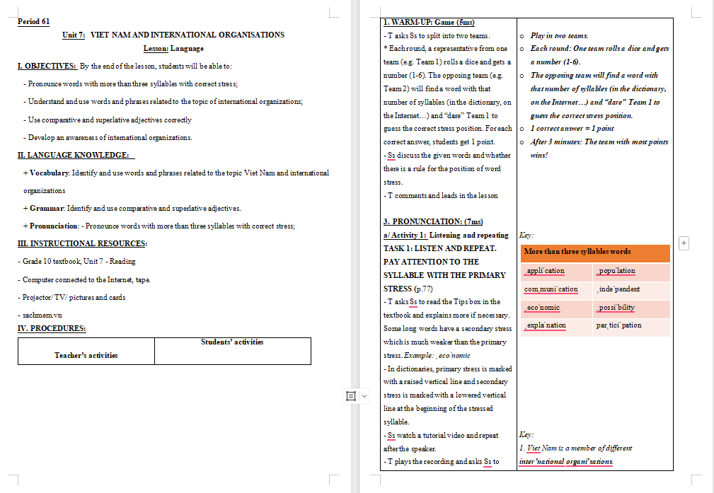 Giáo án Tiếng Anh 10 Unit 7: Language