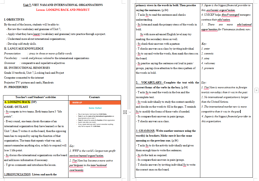 Giáo án Tiếng Anh 10 Unit 7: Looking Back