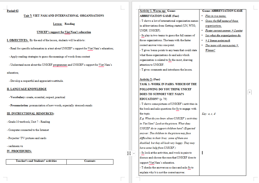Giáo án Tiếng Anh 10 Unit 7: Reading