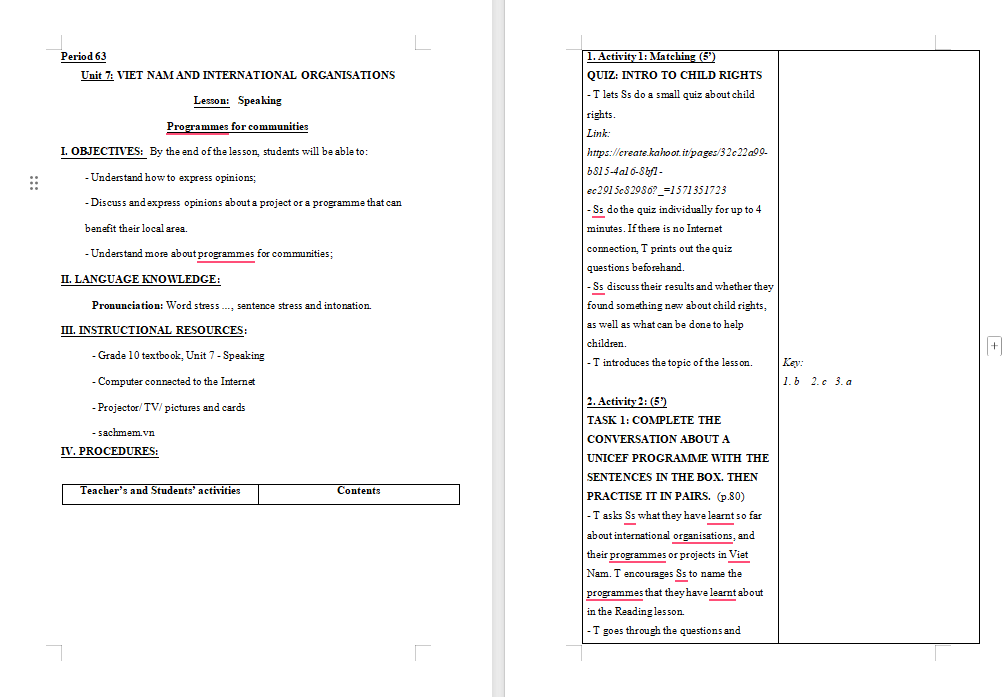 Giáo án Tiếng Anh 10 Unit 7: Speaking