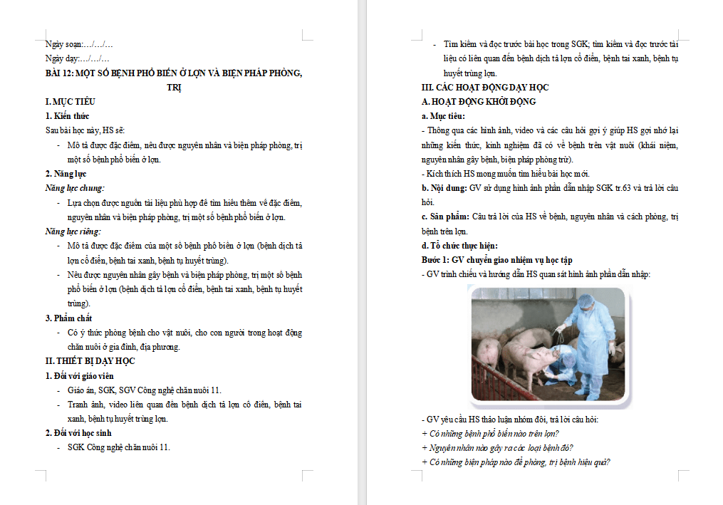 Giáo án PowerPoint Công nghệ Chăn nuôi 11 Bài 12