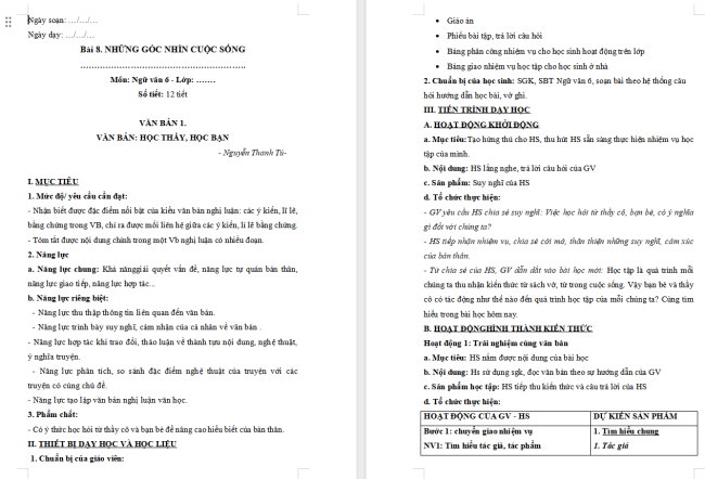 Giáo án Văn 6 Bài 8: Học thầy, học bạn