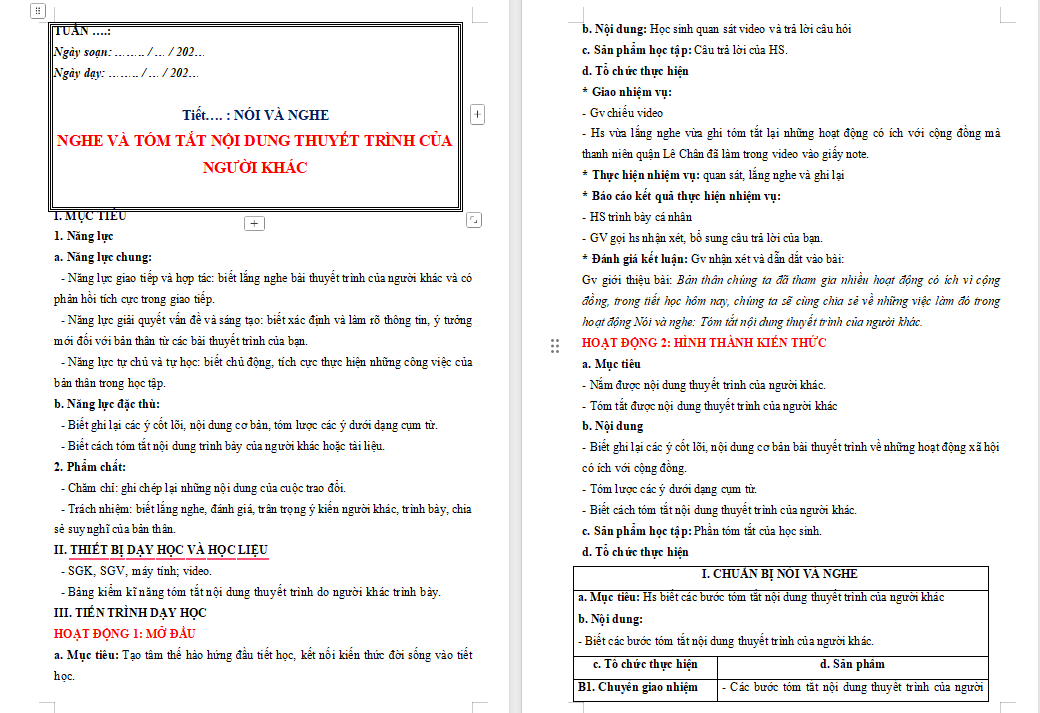 Giáo án Ngữ văn 8 Bài 6: Nghe và tóm tắt nội dung thuyết trình của người khác