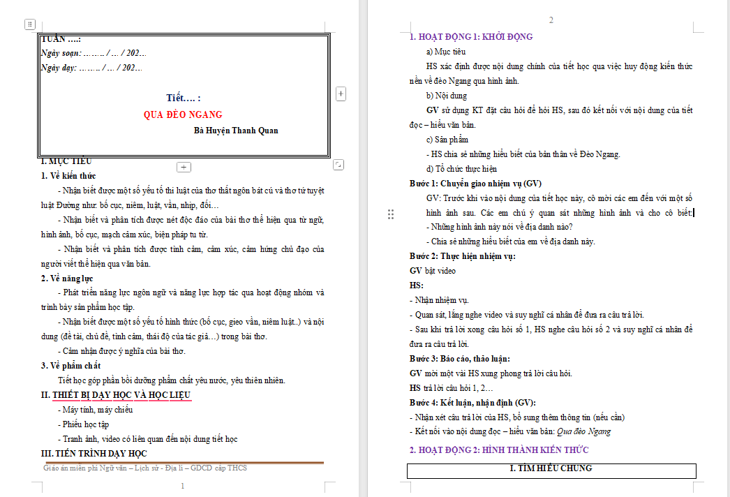 Giáo án Ngữ văn 8 Bài 6: Qua đèo ngang