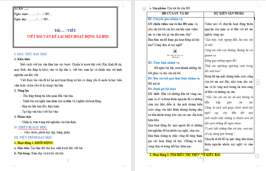 Giáo án Ngữ văn 8 Bài 6: Viết bài văn kể lại một hoạt động xã hội