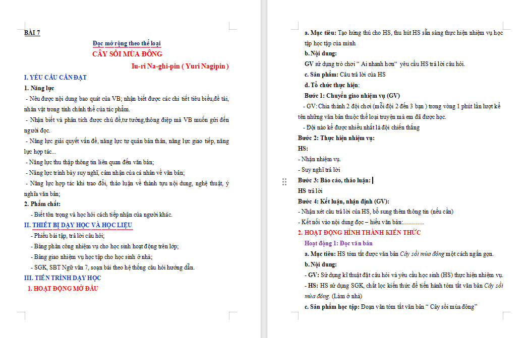 Giáo án Ngữ văn 8 Bài 7: Cây sồi mùa đông