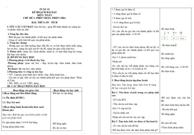 Giáo án Toán 2: Thừa số - Tích