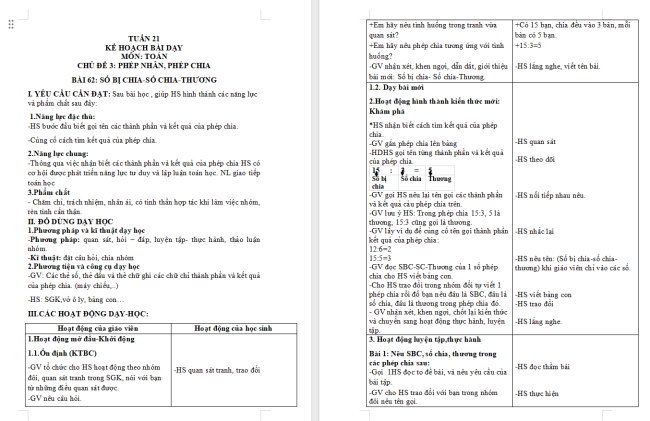 Giáo án Toán 2: Số bị chia - Số chia - Thương
