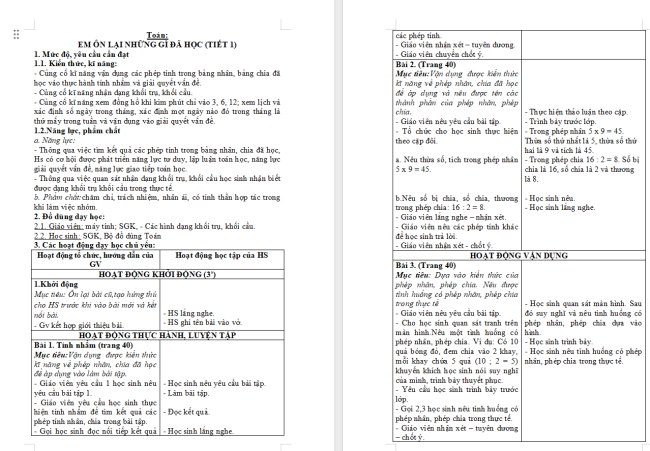 Giáo án Toán 2: Em ôn lại những gì đã học trang 40
