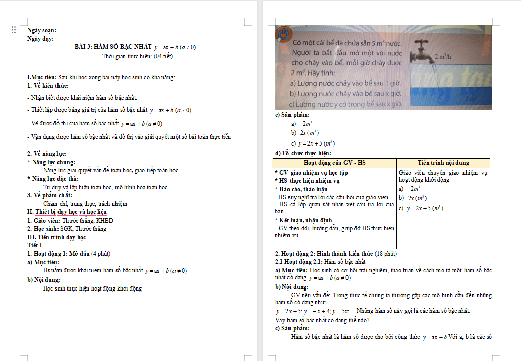 Giáo án Toán 8 Bài 3: Hàm số bậc nhất y = ax + b 