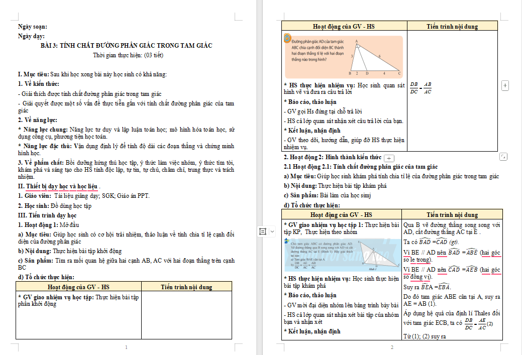 Giáo án Toán 8 Bài 3: Tính chất đường phân giác của tam giác 