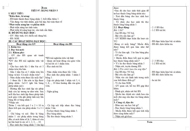 Giáo án Toán 2 Bài 40: Bảng nhân 5