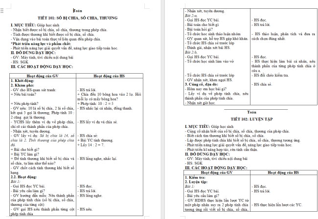 Giáo án Toán 2 Bài 42: Số bị chia, số chia, thương