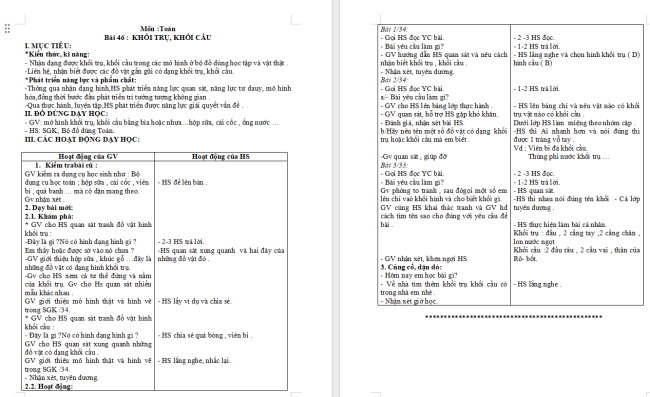 Giáo án Toán 2 Bài 46: Khối trụ, khối cầu