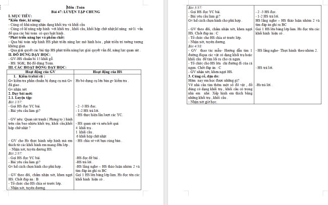 Giáo án Toán 2 Bài 47: Luyện tập chung