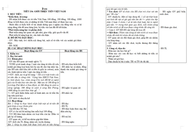 Giáo án Toán 2 Bài 56: Giới thiệu tiền Việt Nam