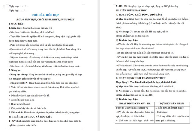 Giáo án KHTN 6 Bài 10: Hỗn hợp, chất tinh khiết, dung dịch