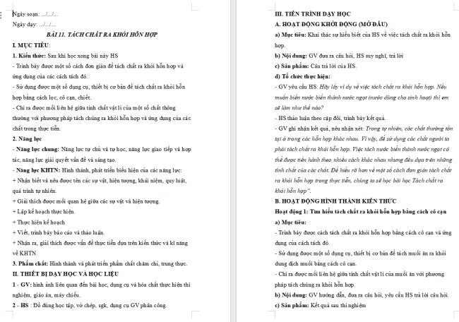 Giáo án KHTN 6 Bài 11: Tách chất ra khỏi hỗn hợp