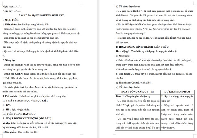 Giáo án KHTN 6 Bài 17: Đa dạng nguyên sinh vật