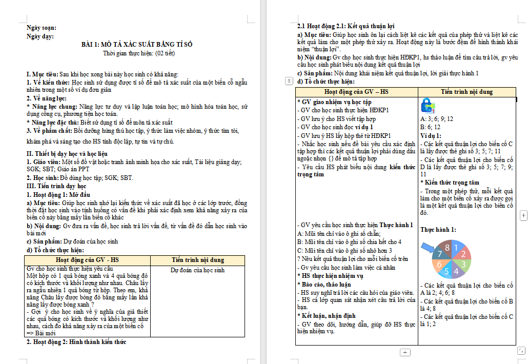 Giáo án Toán 8 Bài 1: Mô tả xác suất bằng tỉ số