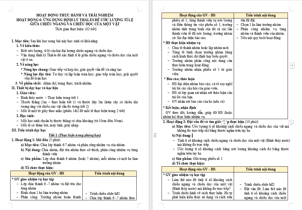 Ứng dụng định lí Thalès để ước lượng tỉ lệ giữa chiều ngang và chiều dọc của một vật
