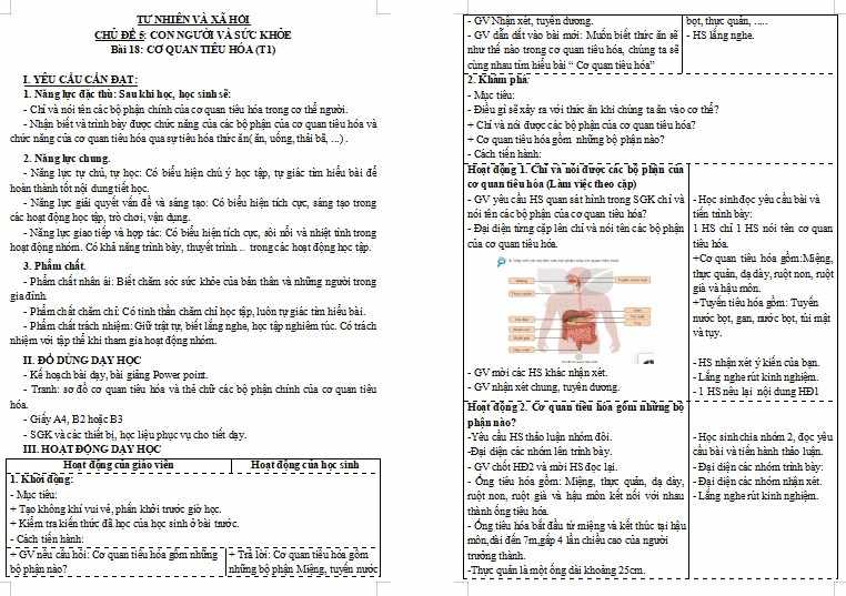 Giáo án Tự nhiên và xã hội 3 Bài 18: Cơ quan tiêu hóa