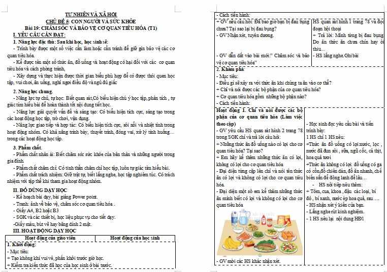 Giáo án Tự nhiên và xã hội lớp 3 Bài 19: Chăm sóc và bảo vệ cơ quan tiêu hóa