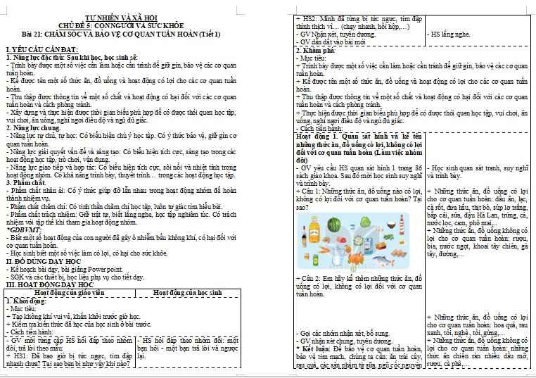 Giáo án Tự nhiên và xã hội 3 Bài 21: Chăm sóc và bảo vệ cơ quan tuần hoàn