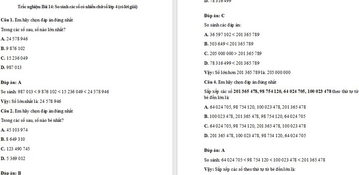 Trắc nghiệm Toán 4 Kết nối tri thức Bài 14: So sánh các số có nhiều chữ số