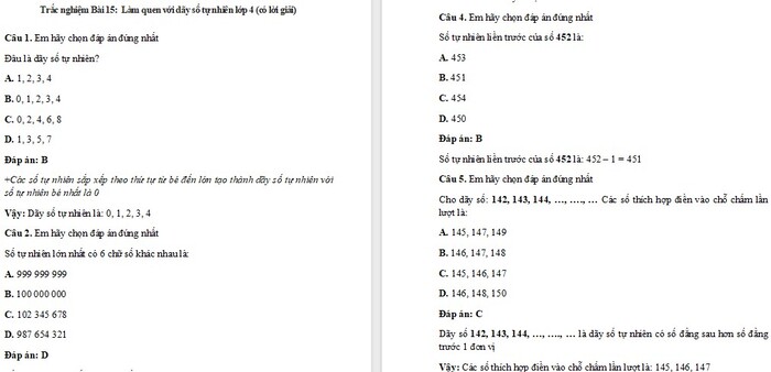 Trắc nghiệm Toán 4 Kết nối tri thức Bài 15: Làm quen với dãy số tự nhiên
