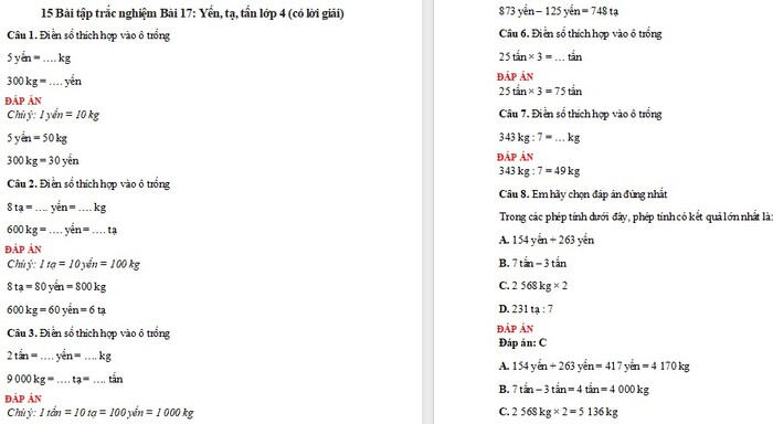 Trắc nghiệm Toán 4 Kết nối tri thức Bài 17: Yến, tạ, tấn