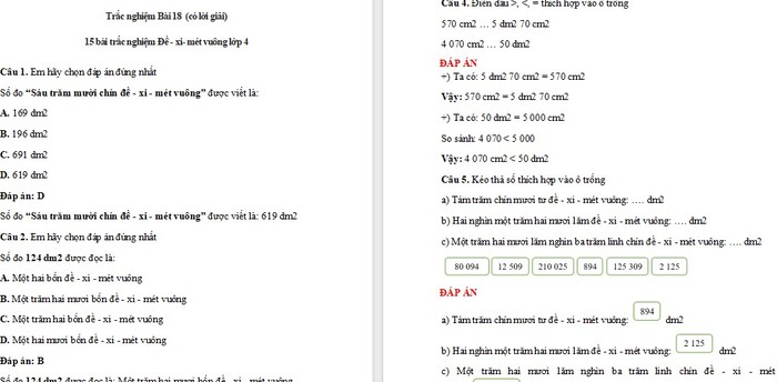 Trắc nghiệm Toán 4 Kết nối tri thức Bài 18: Đề-xi-mét vuông, mét vuông, mi-li-mét vuông