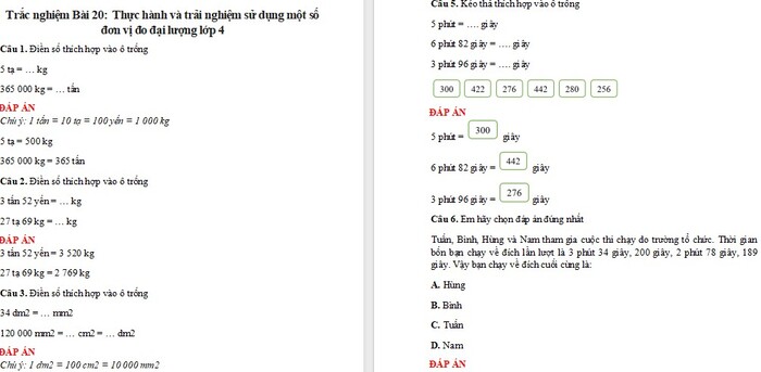 Trắc nghiệm Toán 4 Kết nối tri thức Bài 20: Thực hành và trải nghiệm sử dụng một số đơn vị đo đại lượng