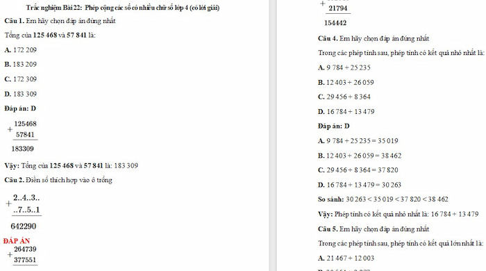 Trắc nghiệm Toán 4 Kết nối tri thức Bài 22: Phép cộng các số có nhiều chữ số