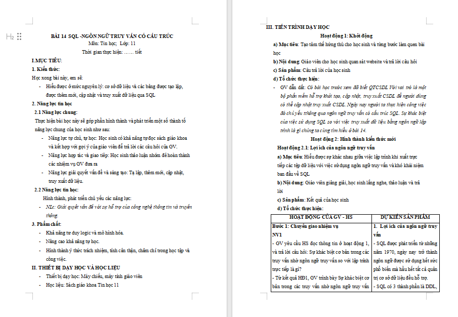 Tin học 11 Bài 14: SQL Ngôn ngữ truy vấn có cấu trúc
