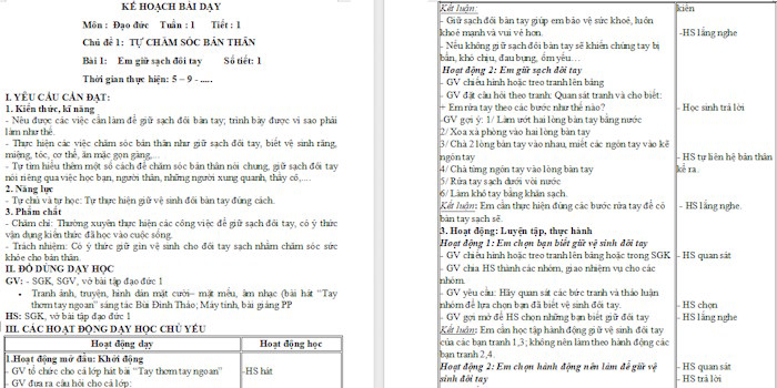 Giáo án Đạo đức 1 Em giữ sạch đôi tay