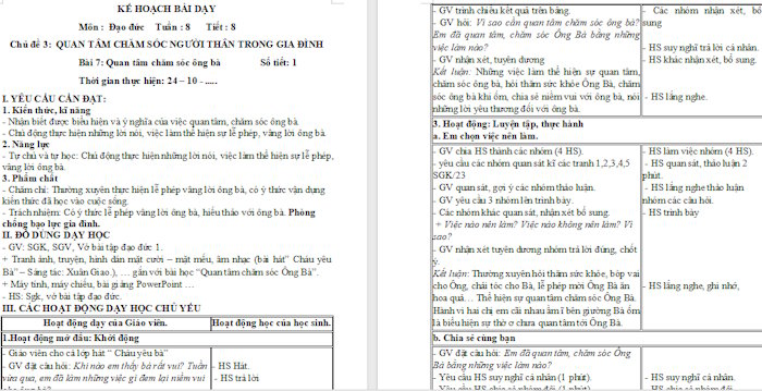 Giáo án Đạo đức 1 Bài 7: Quan tâm, chăm sóc ông bà
