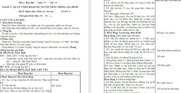 Giáo án Đạo đức 1 Bài 8: Quan tâm, chăm sóc cha mẹ