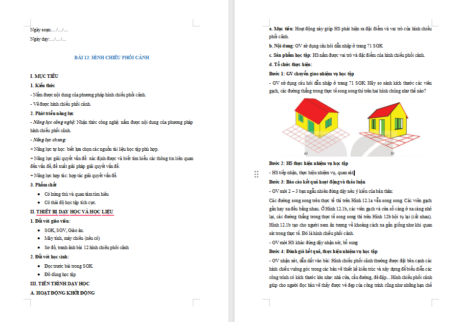 Giáo án Công nghệ 10 Bài 12: Hình chiếu phối cảnh
