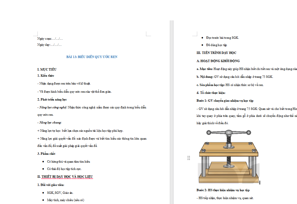 Giáo án Công nghệ 10 Bài 13: Biểu diễn quy ước ren
