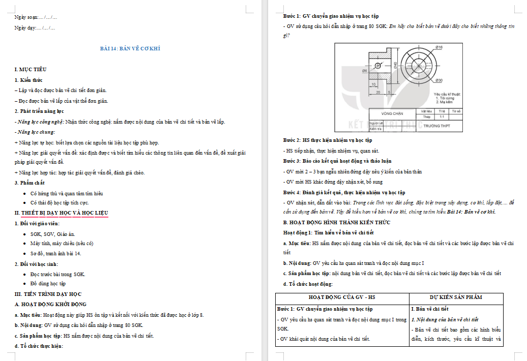 Giáo án Công nghệ 10 Bài 14: Bản vẽ cơ khí
