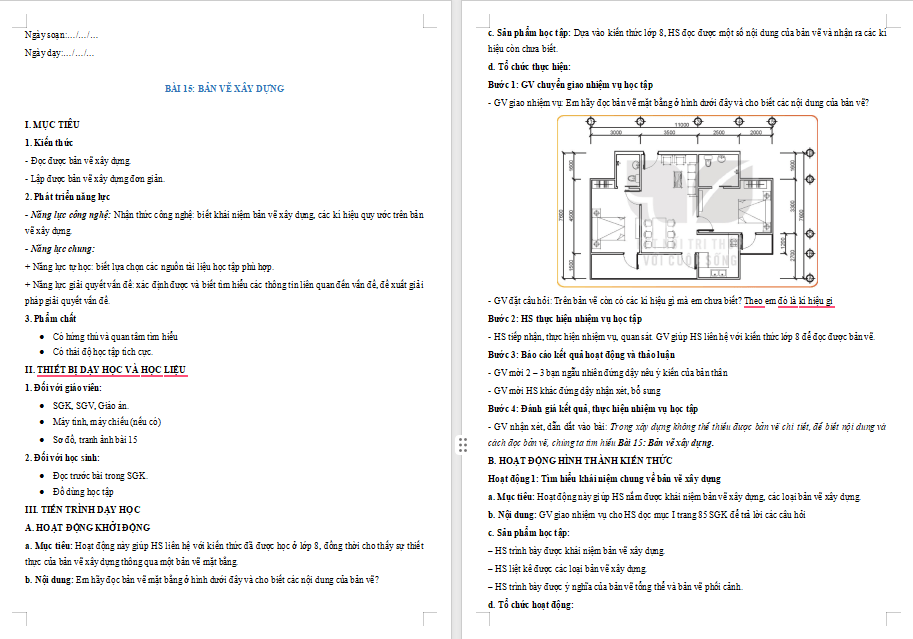 Giáo án Công nghệ 10 Bài 15: Bản vẽ xây dựng