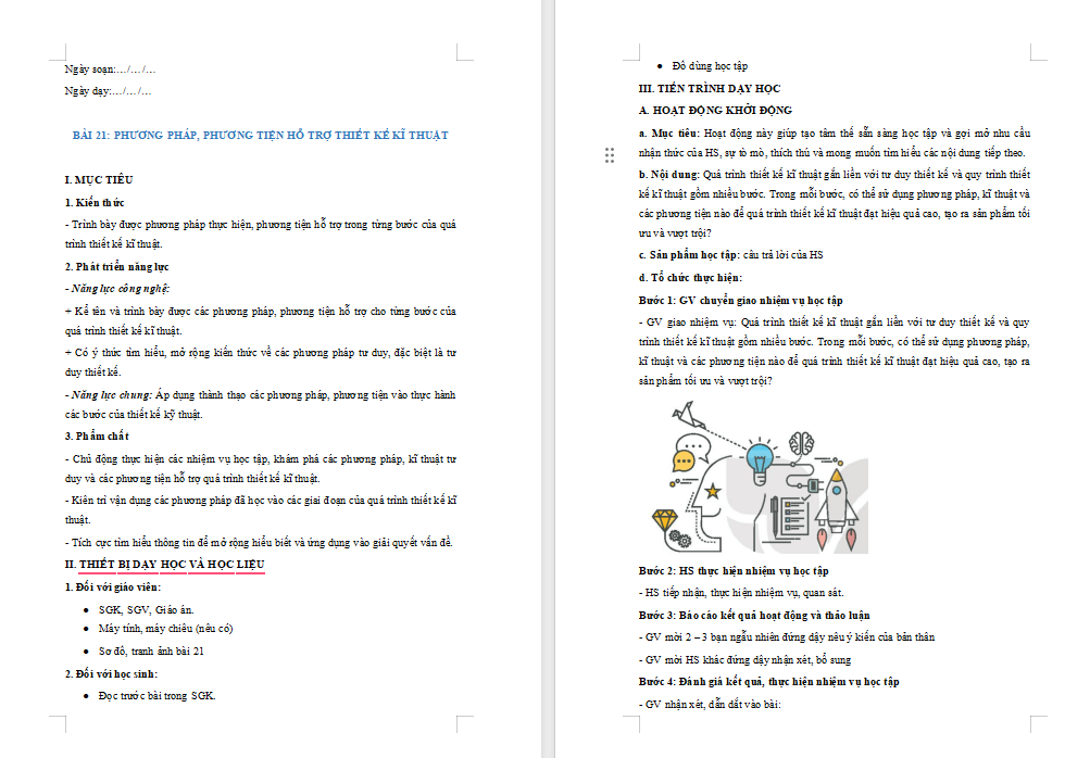 Giáo án Công nghệ 10 Bài 21: Phương pháp phương tiện hỗ trợ thiết kế kĩ thuật