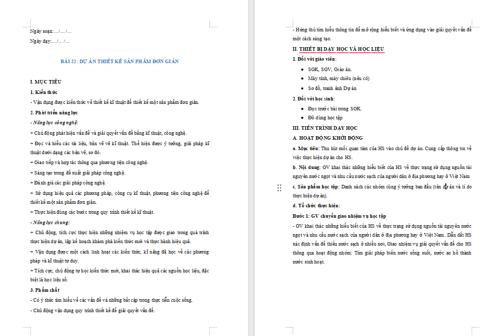 Giáo án Công nghệ 10 Bài 22: Dự án học tập Thiết kế sản phẩm đơn giản