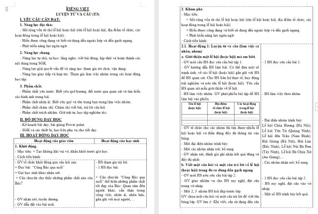 Giáo án Tiếng Việt 3 Bài 24: Mở rộng vốn từ về lễ hội; Dấu ngoặc kép, dấu gạch ngang