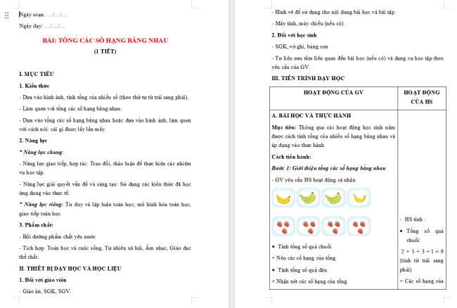 Giáo án Toán 2: Tổng các số hạng bằng nhau