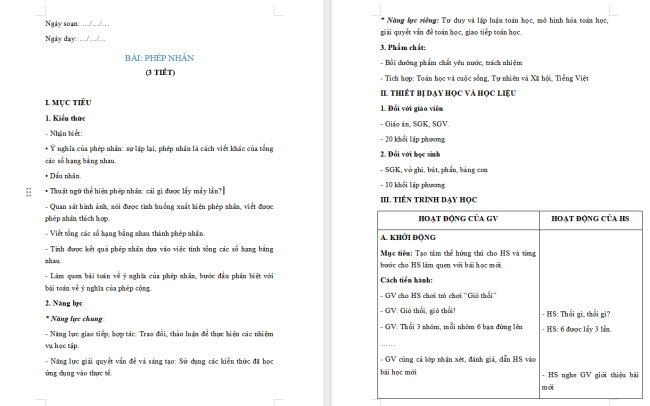 Giáo án Toán 2: Phép nhân