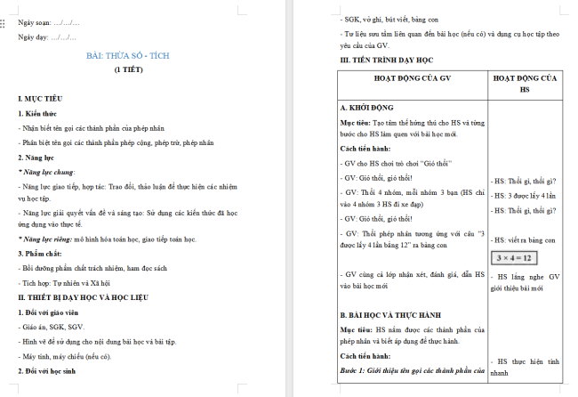 Giáo án Toán 2: Thừa số, tích