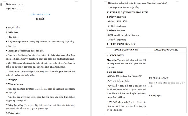 Giáo án Toán 2: Phép chia